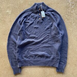 Tentree Sweater Mens Large Navy Blue Mock Neck Henley Knit Pullover NWT